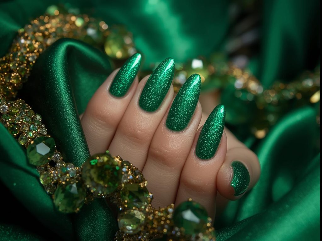 Velvet Nail Designs: Luxurious and Pinterest-Worthy Manicures to Obsess Over 7 Shimmering emerald green velvet nail art with subtle glitter.