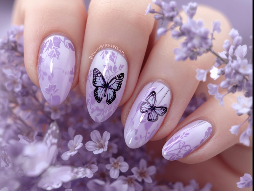 Delicate lavender fairy nail art with butterfly wing accents