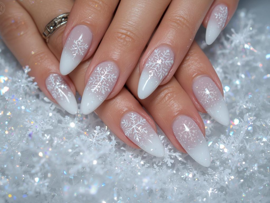 Snowflake Nail Designs: Wintry and Pinterest-Worthy Manicures to Adore 7 White ombre holographic snowflake nail art with holographic details.