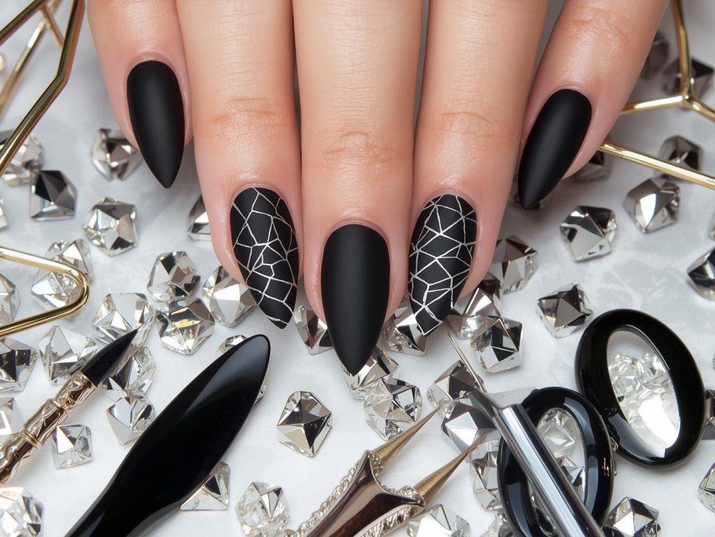  Matte black silver geometric manicure with silver patterns.