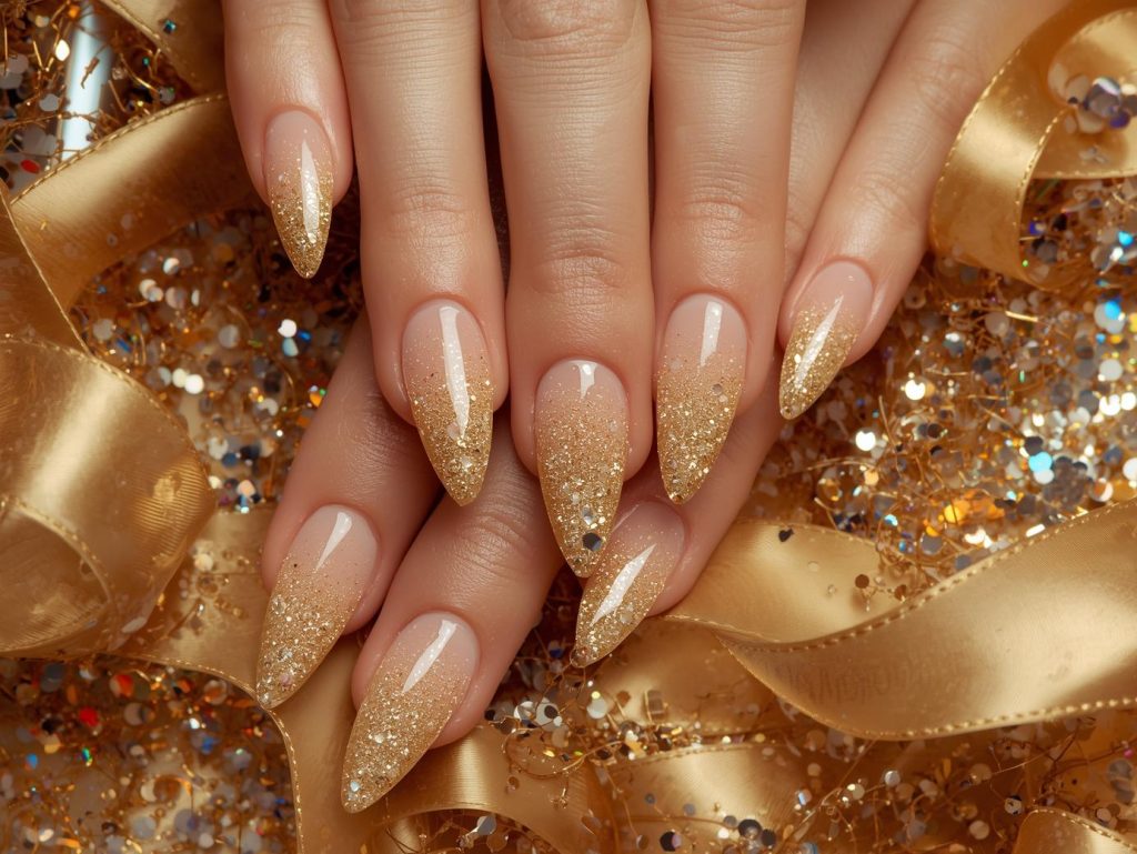 Metallic Gold Nail Designs: Opulent and Pinterest-Worthy Manicures to Adore 7 Gold ombre nail art with holographic glitter sparkles.