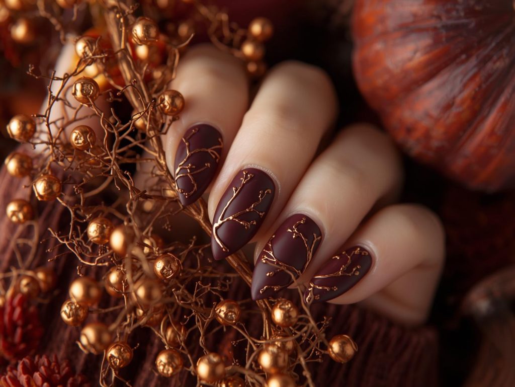 Deep burgundy bronze pumpkin vine nail art with bronze details.