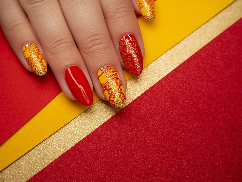Bold red and yellow color block nail art with gold details.