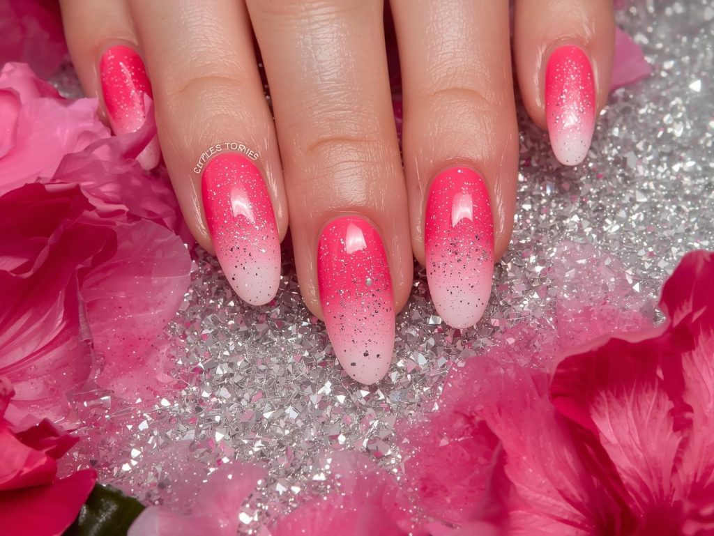  Hot pink ombre nail art with silver glitter sparkles.