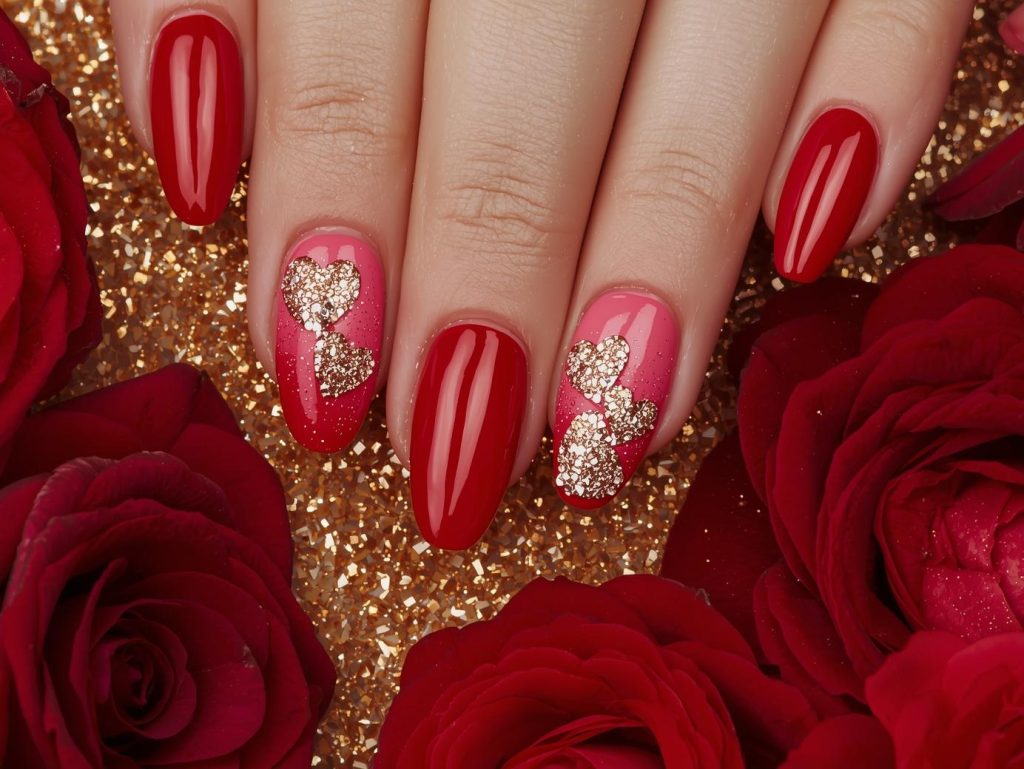 Heart Nail Designs: Romantic and Pinterest-Worthy Manicures to Adore 7 Red ombre gold glitter heart nail art with gold glitter details.