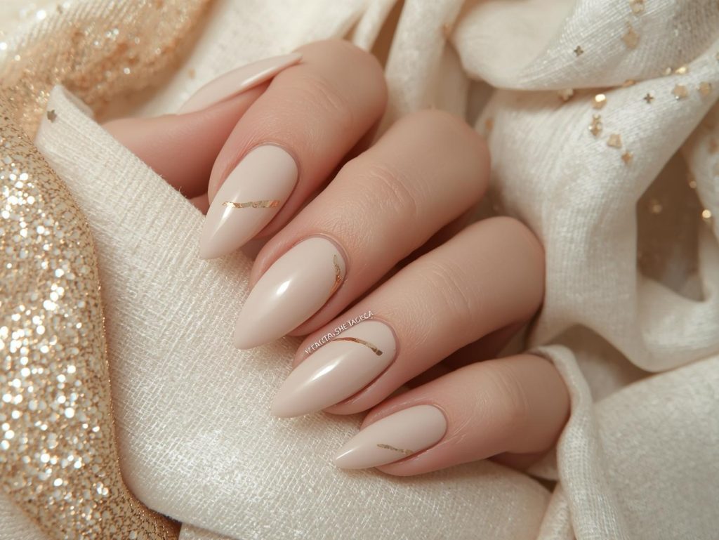 Classy Nail Designs: Elegant and Pinterest-Worthy Manicures to Adore 7 Soft beige gold foil minimalist nail art with gold accents.