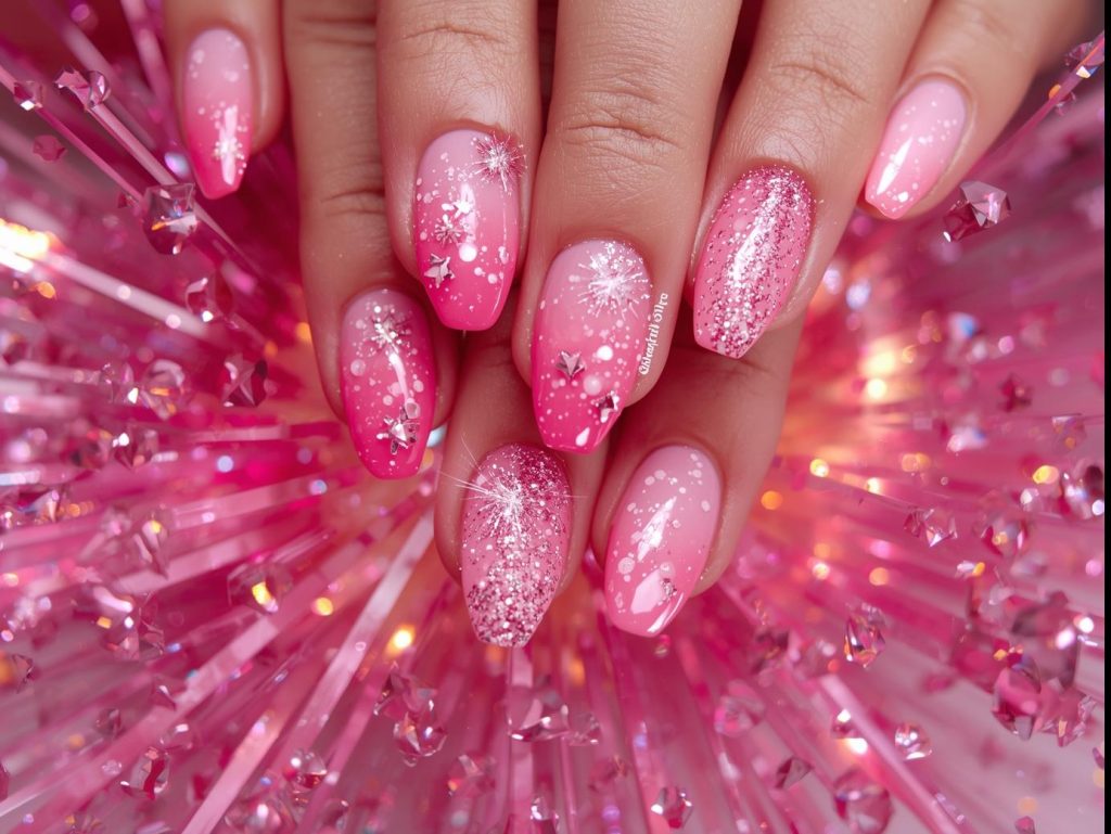  Neon pink ombre nail art with glittery star bursts.