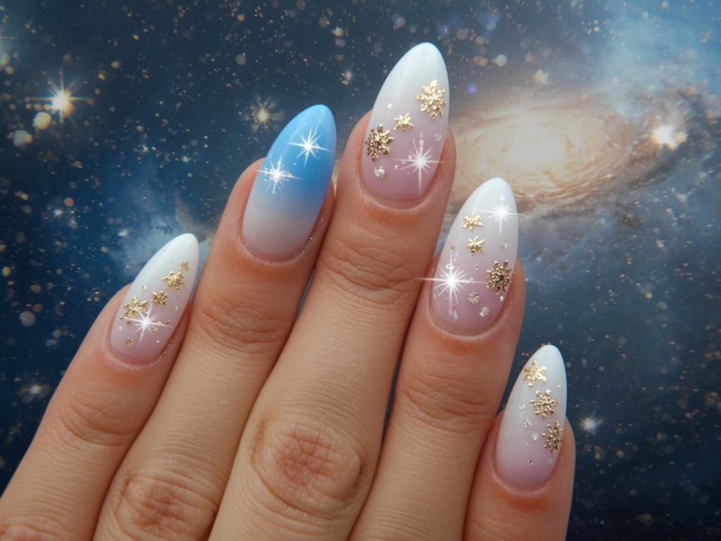 White ombre gold glitter starburst nail art with gold glitter details.