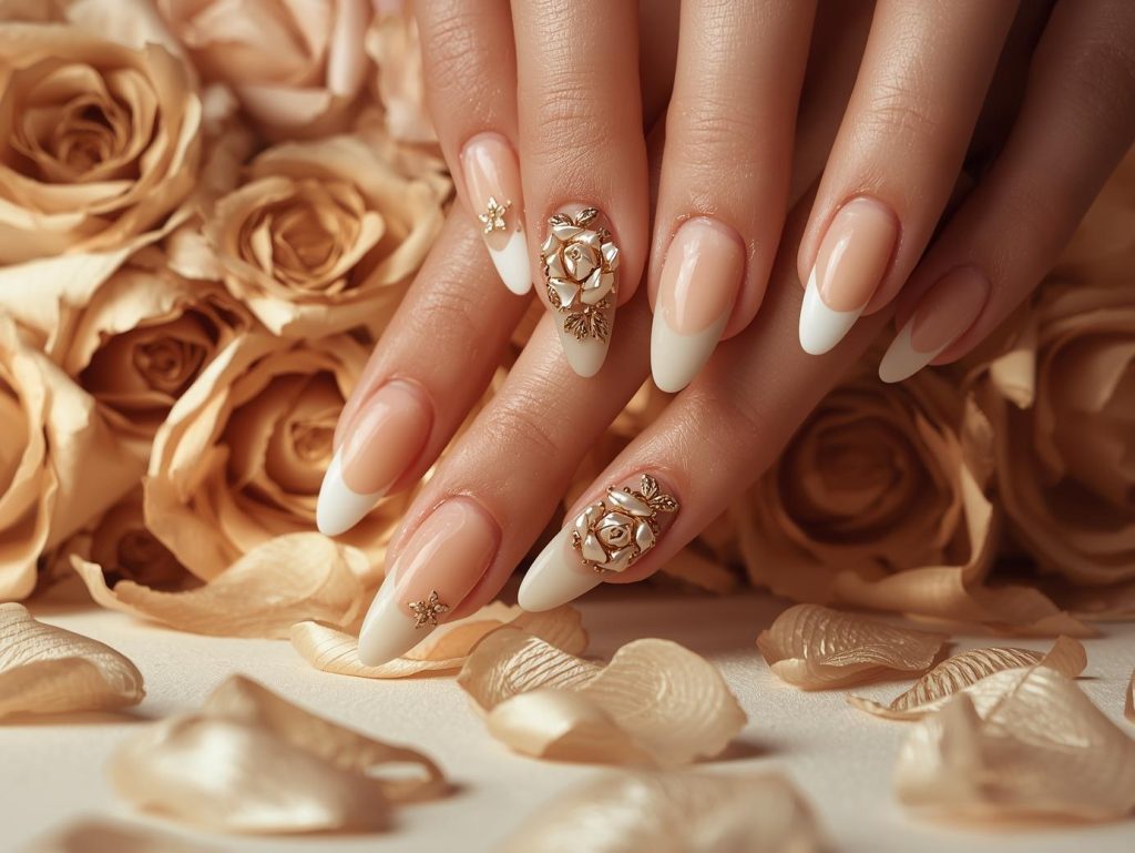 Nude base lavender flower nail art with lavender details.