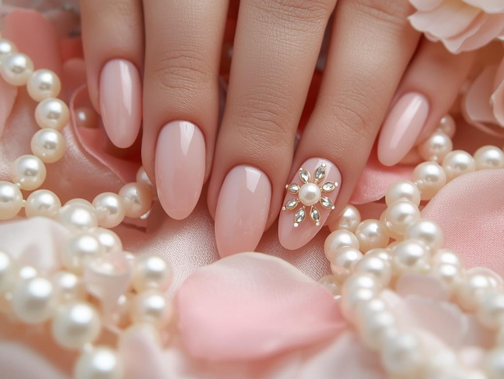 Classic blush pink pearl embellishment nail art with pearl accents.