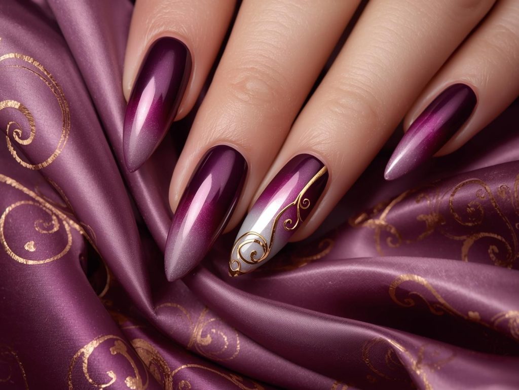 Deep plum ombre gold swirl nail art with gold details.