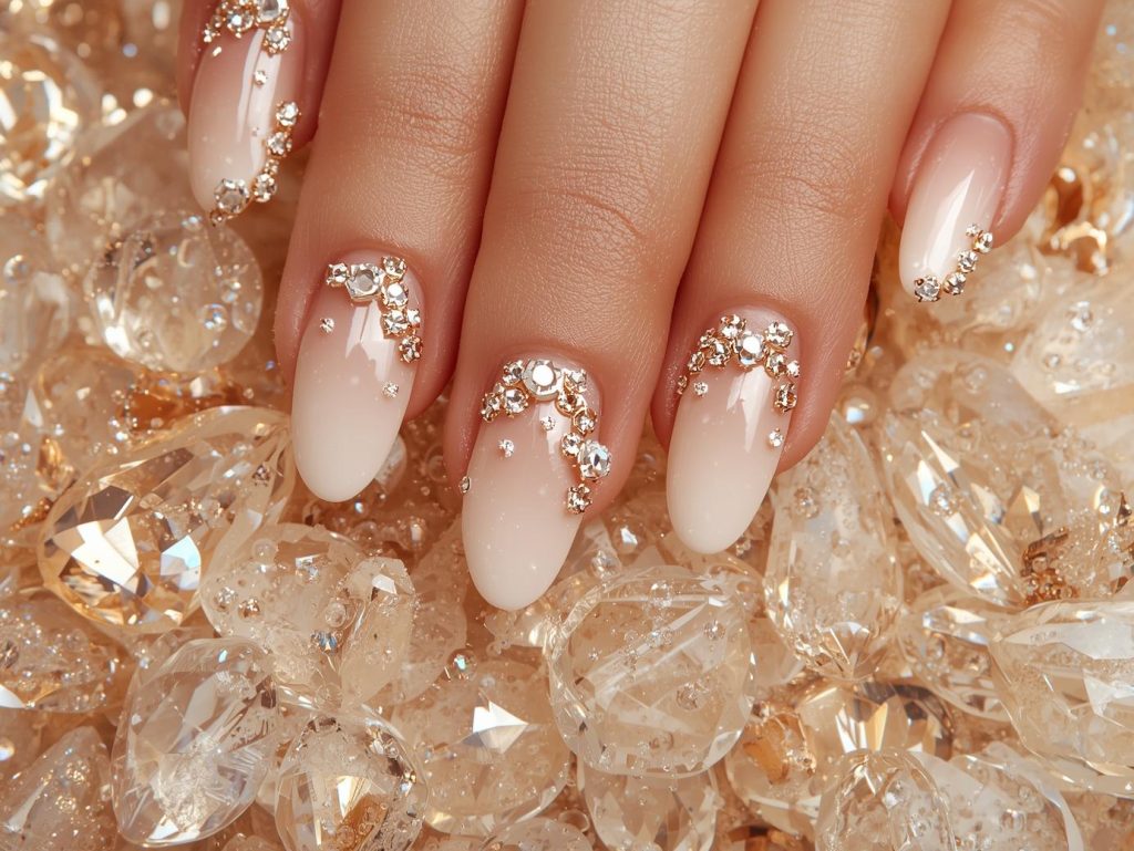 Champagne ombre nail art with diamond-like crystal embellishments.