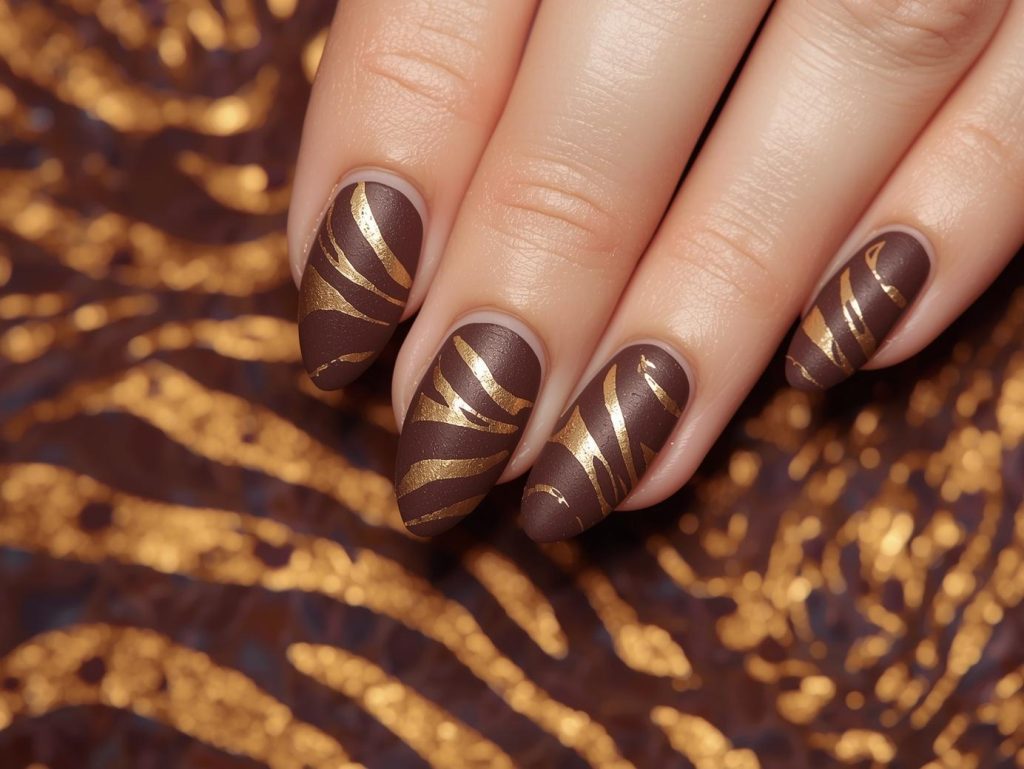 Deep taupe gold zebra nail art with gold stripes.