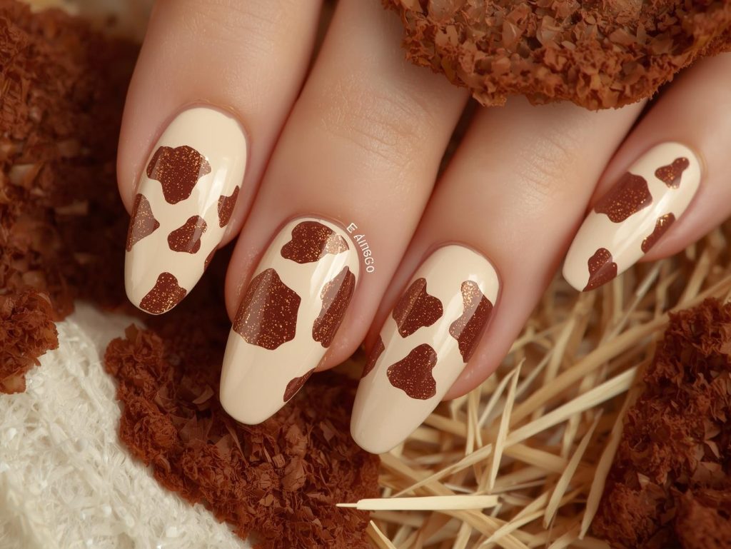 Cow Print Nail Designs: Playful and Pinterest-Worthy Manicures to Adore 7 Creamy beige brown cow nail art with brown patches.