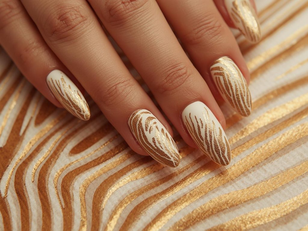 Zebra Print Nail Designs: Bold and Pinterest-Worthy Manicures to Adore 7 Ivory gold zebra nail art with gold accents.