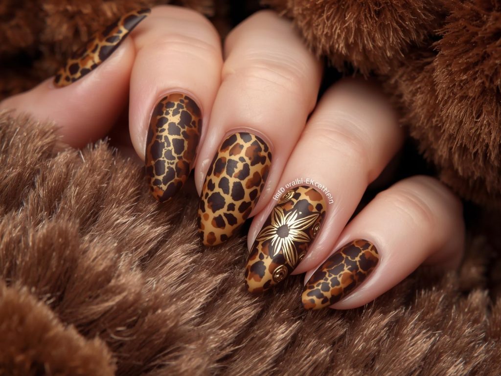 Deep mocha gold tortoise nail art with gold accents.
