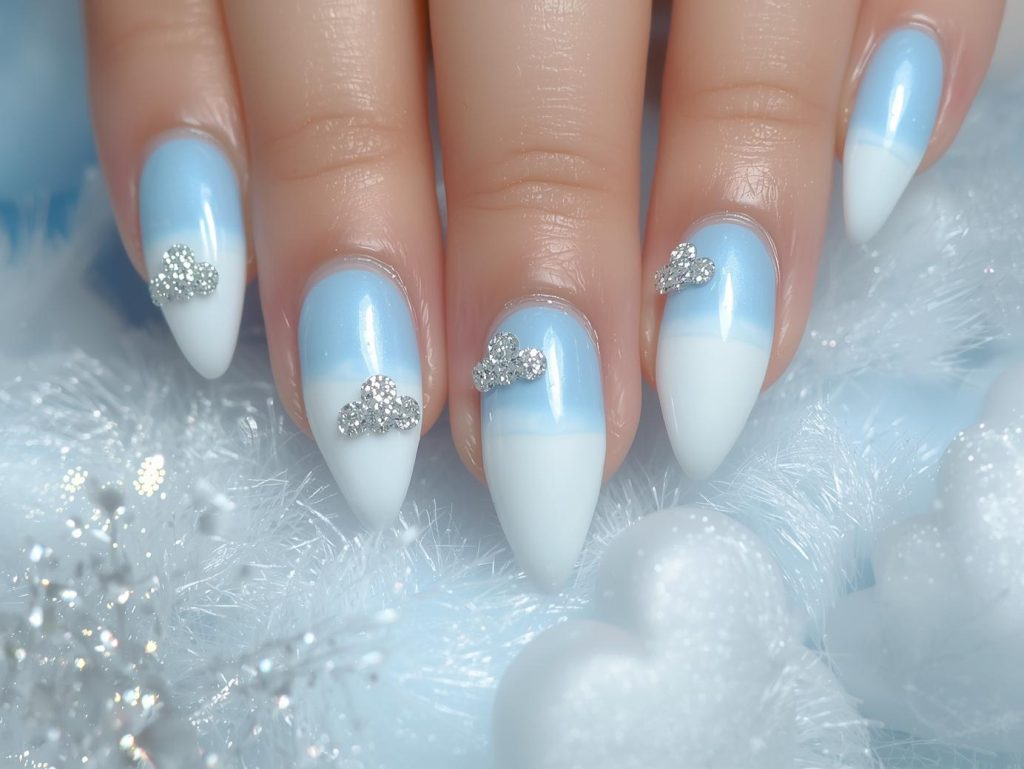 Soft Girl Nail Designs: Dreamy and Pinterest-Worthy Manicures to Adore 7 Baby blue ombre nail art with silver glitter cloud details.