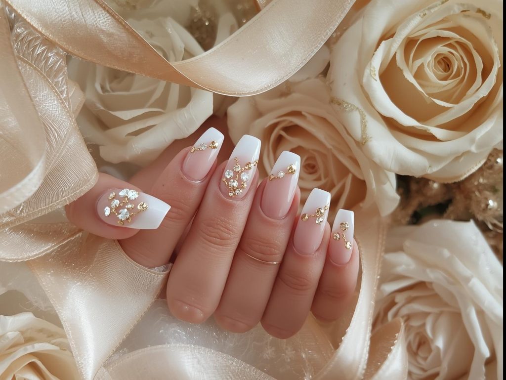 White French tip nail art with gold foil accents.