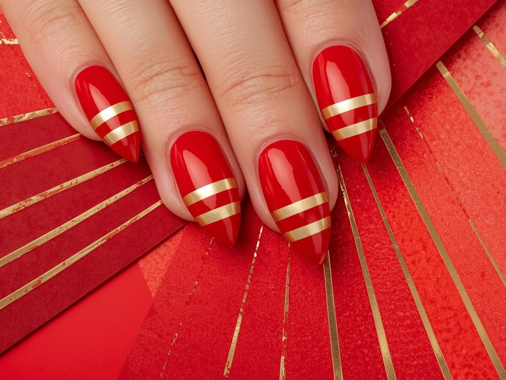 Vibrant red gold striped nail art with gold accents.