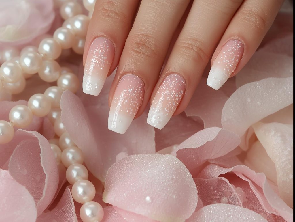 Blush ombre nail art with shimmering pearl sparkles.