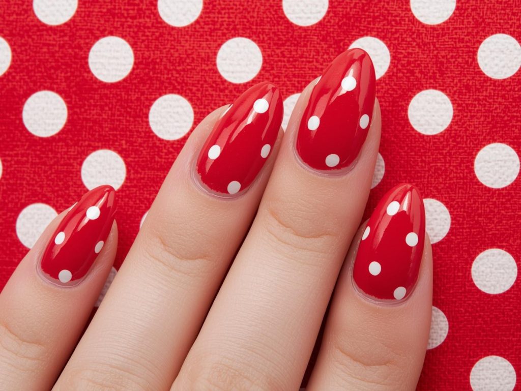  Vibrant red white polka dot nail art with white accents.
