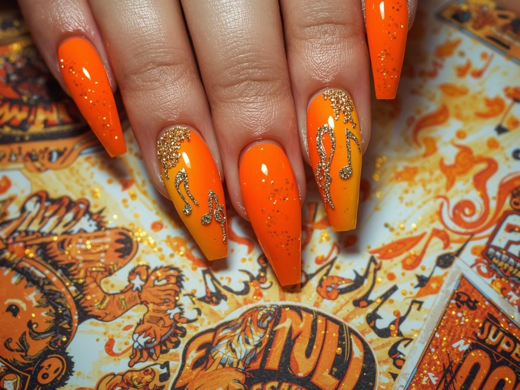 Festival Nail Designs: Vibrant and Pinterest-Worthy Manicures to Adore 7 Electric orange ombre nail art with gold glitter music note details.