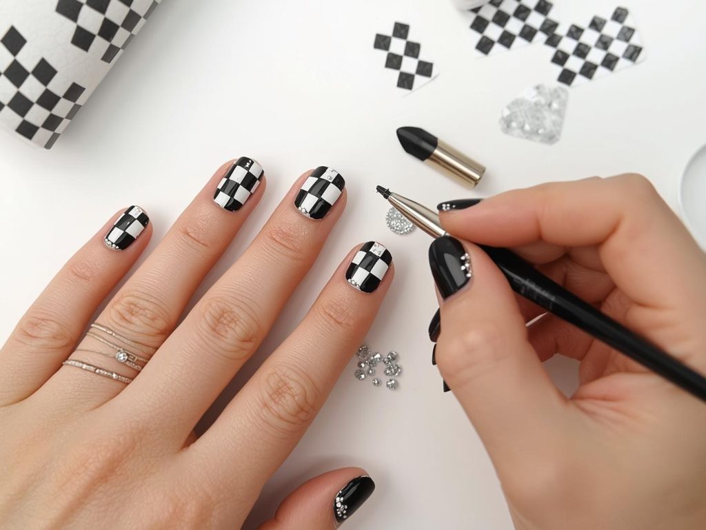 Red and black checkerboard nail art with gold details.