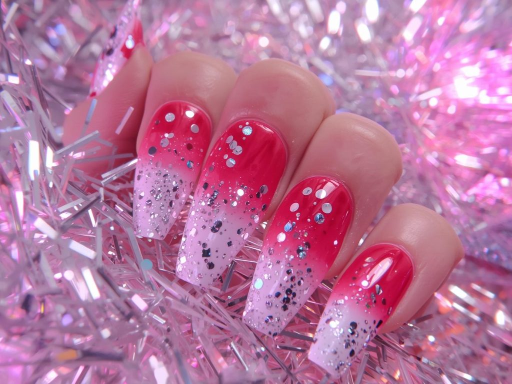 Party Nail Designs: Bold and Pinterest-Worthy Manicures to Adore 7 Hot pink ombre nail art with silver holographic confetti.