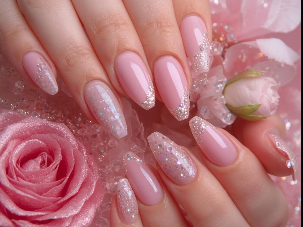 Soft pink holographic glitter accent nail art with pink base.