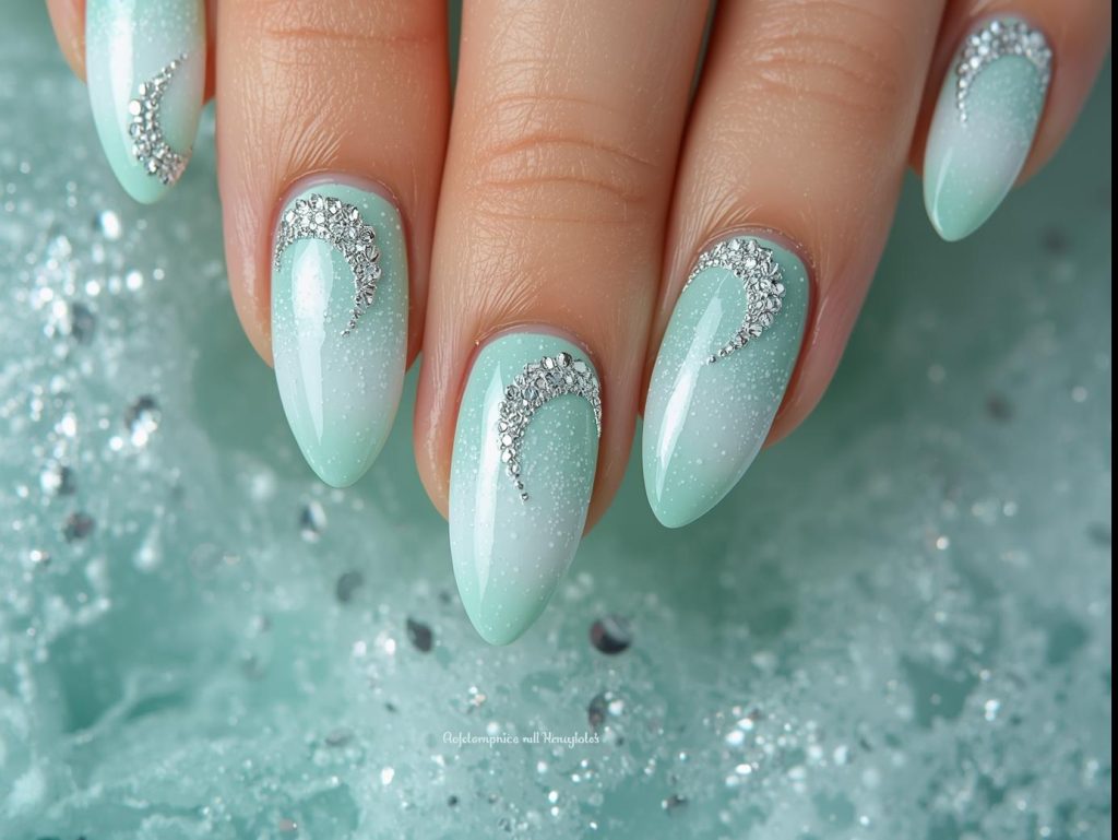 Mint green ombre nail art with silver glitter waves.