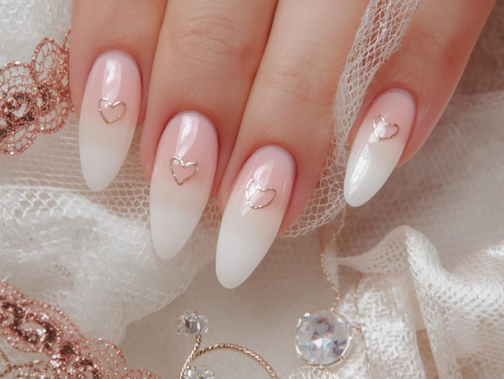 Ivory ombre nail art with rose gold heart details.