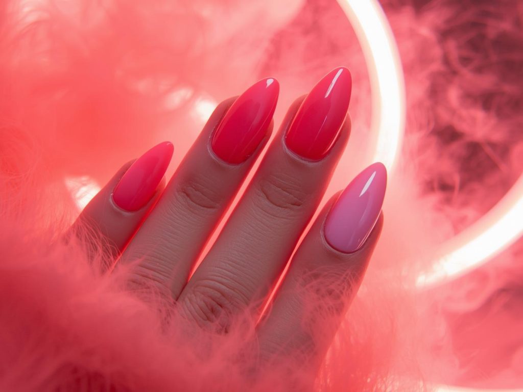 Vibrant coral pink ombre airbrush nail art with pink accents.g