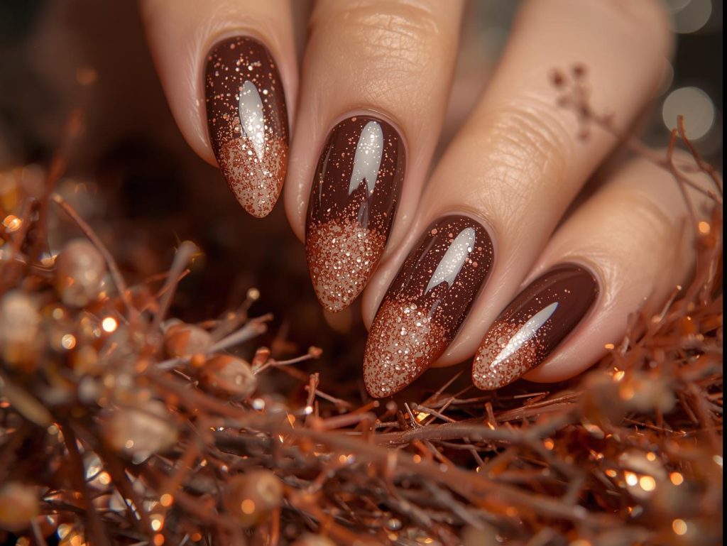Brown Nail Designs: Warm and Pinterest-Worthy Manicures to Adore 7 Brown ombre nail art with bronze glitter sparkles.