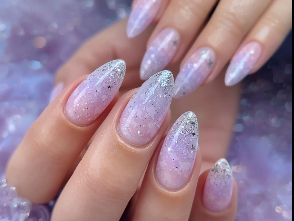 Lavender Nail Designs: Dreamy and Pinterest-Worthy Manicures to Adore 7 Lavender ombre nail art with silver glitter stars.