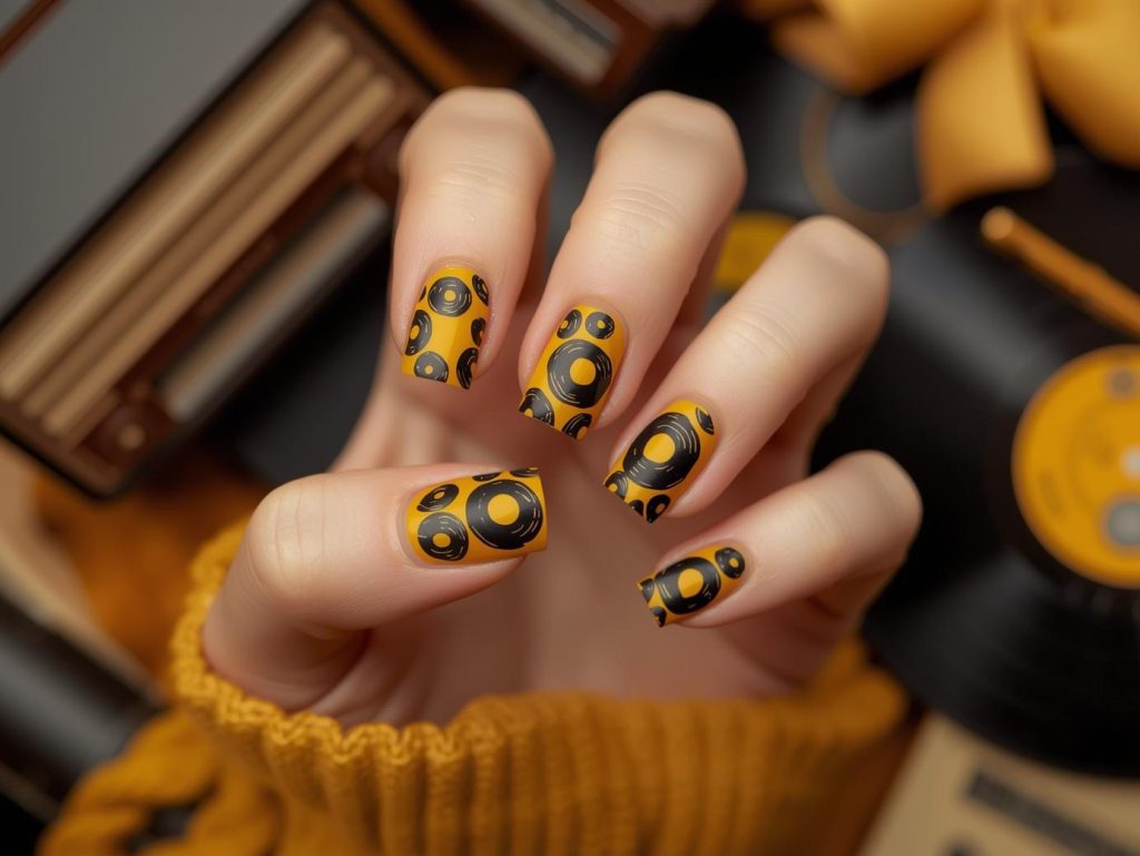 Mustard yellow black vinyl record nail art with black patterns.