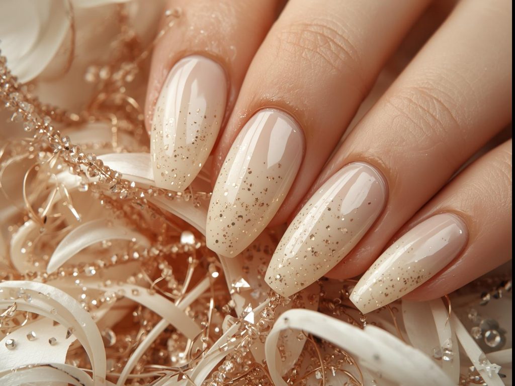 Beige Nail Designs: Elegant and Pinterest-Worthy Manicures to Adore 7 Beige ombre nail art with gold glitter speckles.
