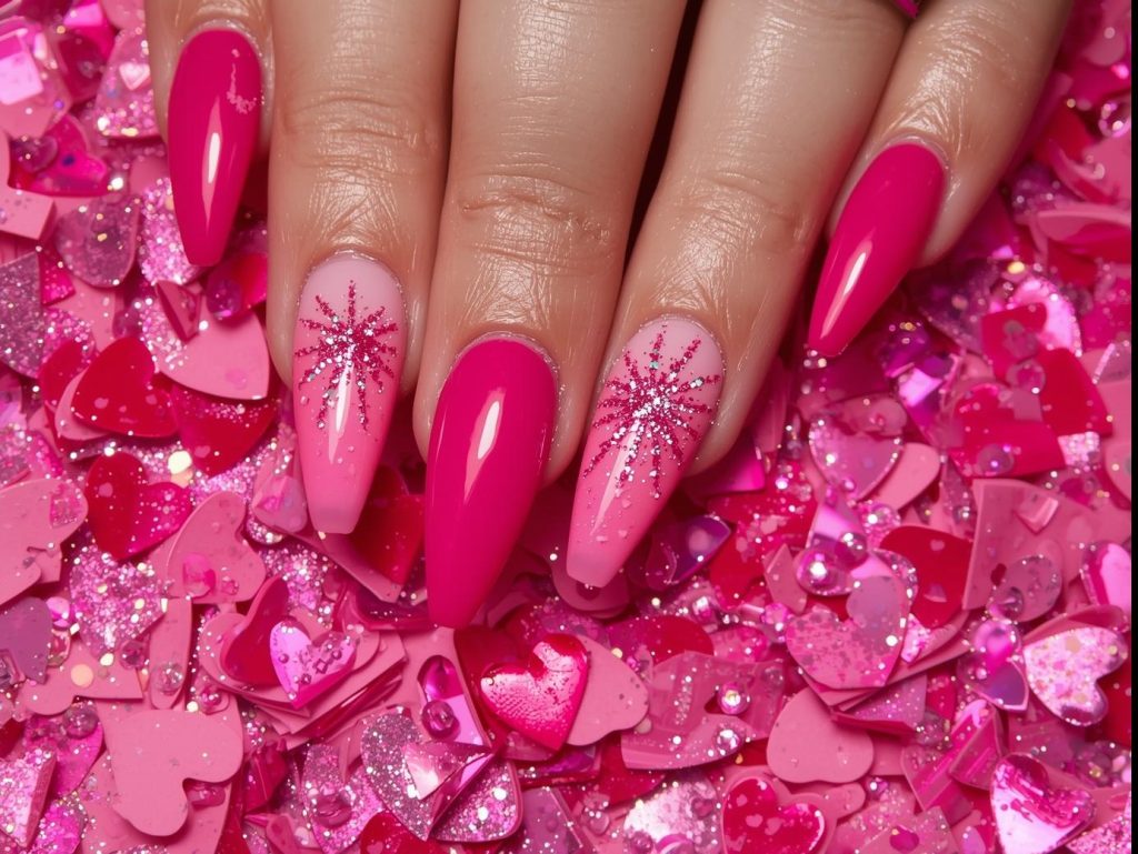 Hot Pink Nail Designs: Bold and Pinterest-Worthy Manicures to Obsess Over 7 Hot pink ombre nail art with glittery heart bursts.