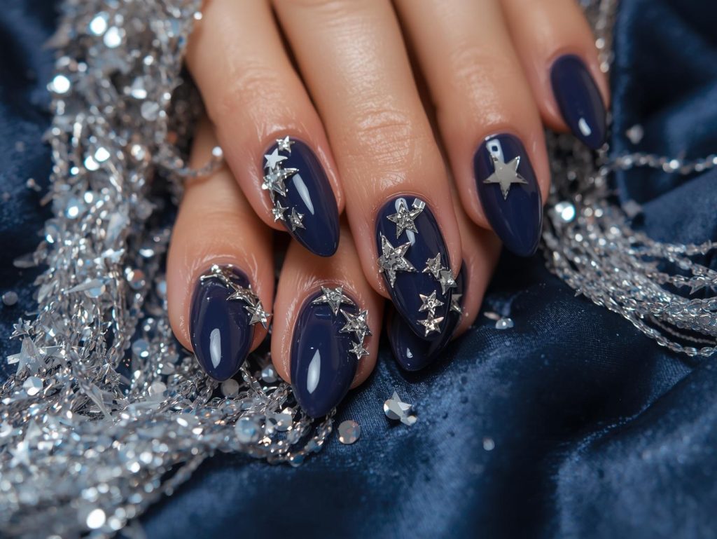  Deep navy silver star nail art with silver embellishments.