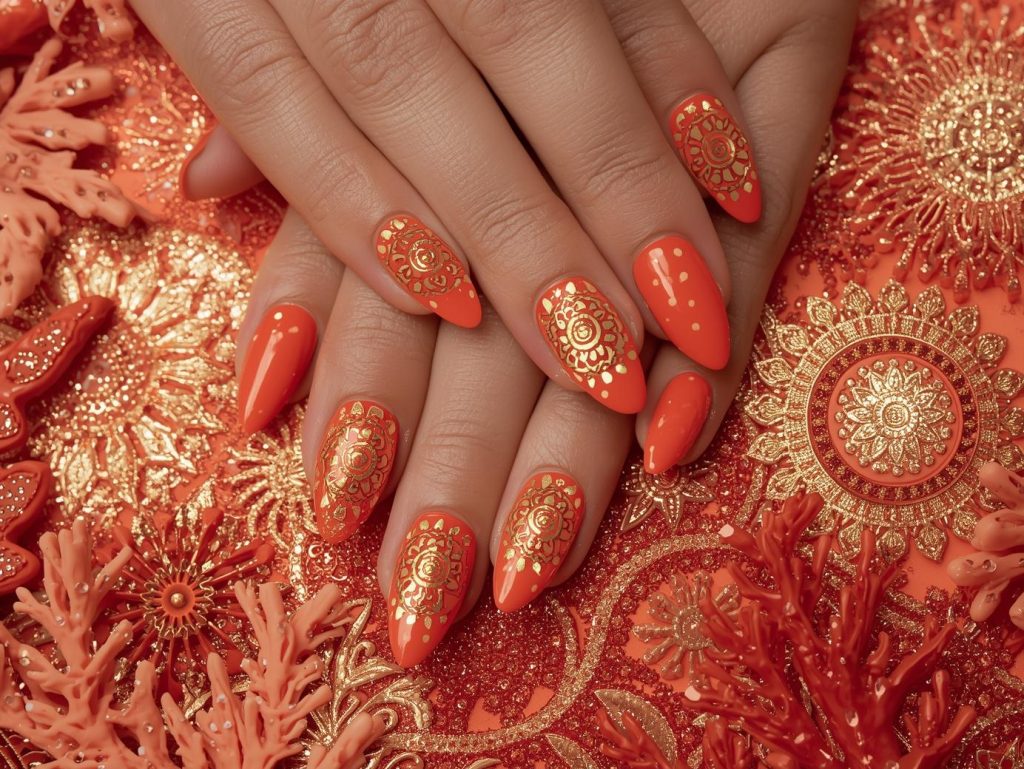  Vibrant coral gold mandala decal nail art with gold decals.