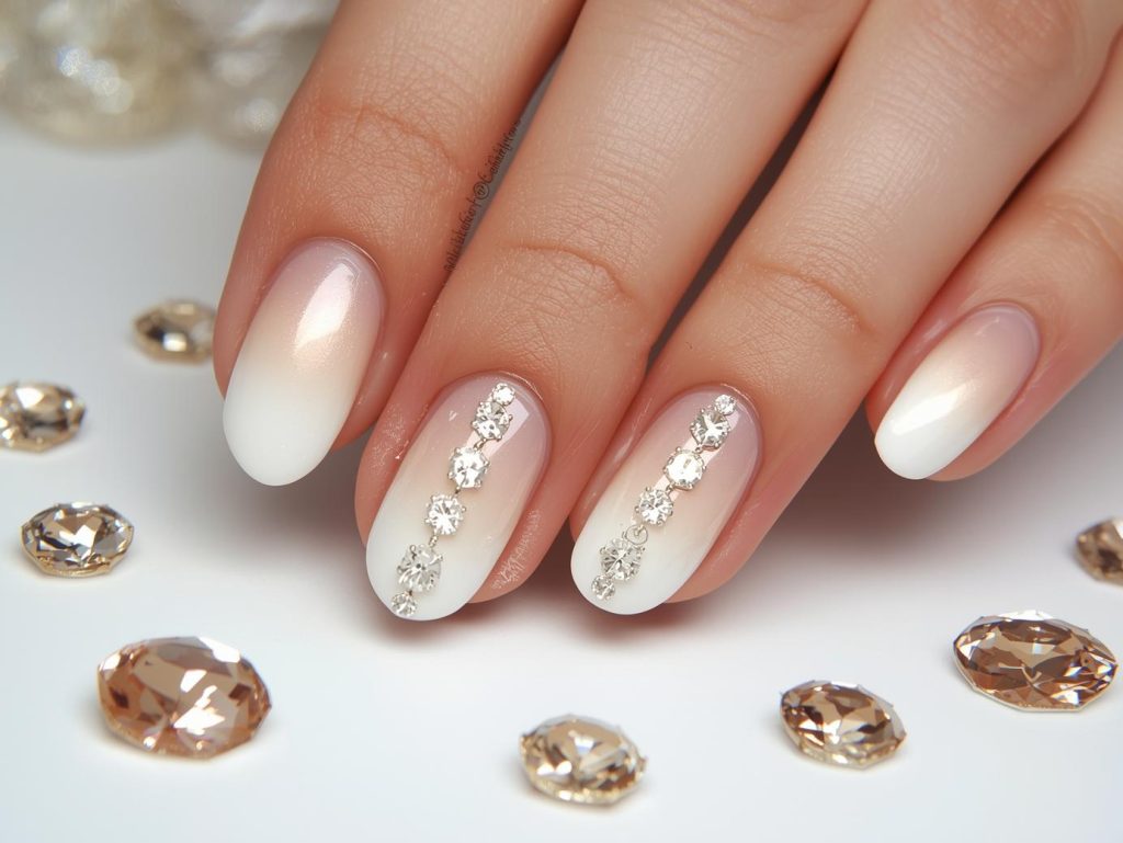 Creating champagne ombre nail art with diamond-like crystal embellishments.