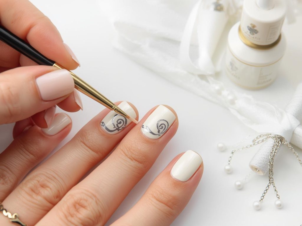 Creating soft ivory silver diploma scroll nail art with silver patterns.