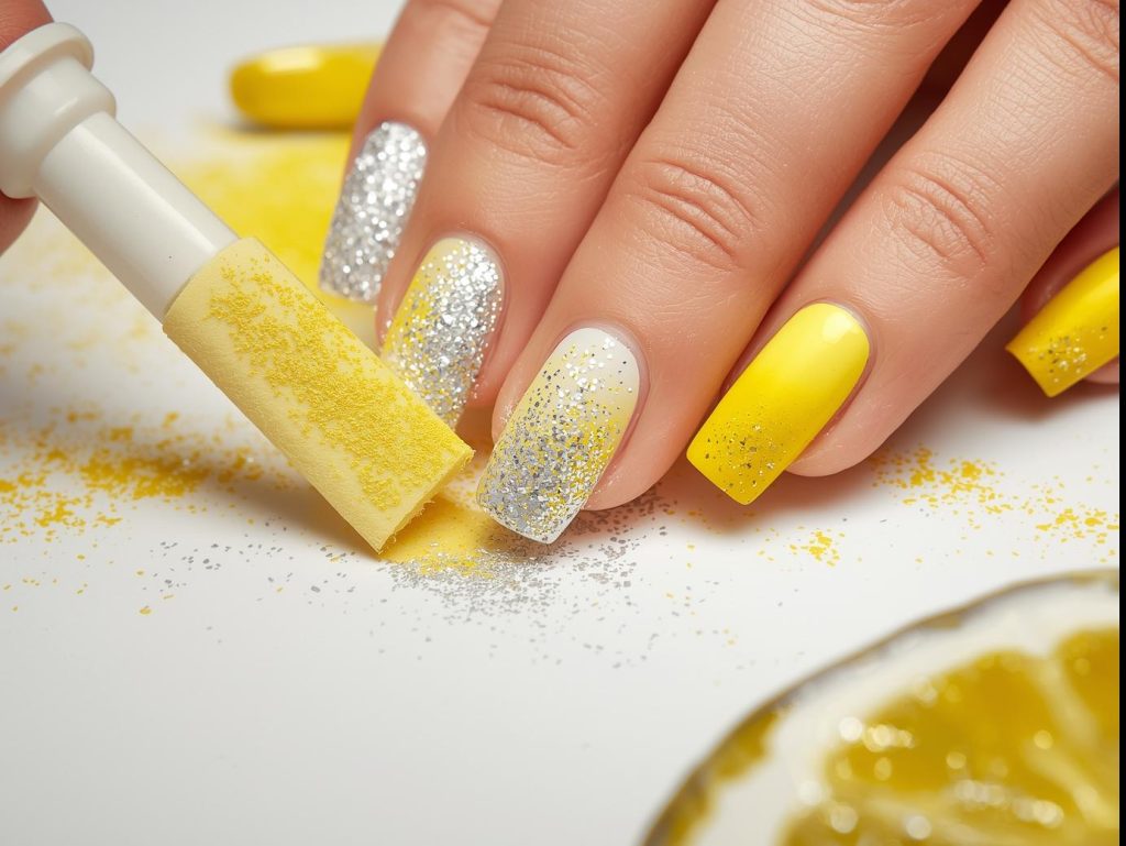 Creating lemon yellow ombre nail art with silver glitter sparkle accents.