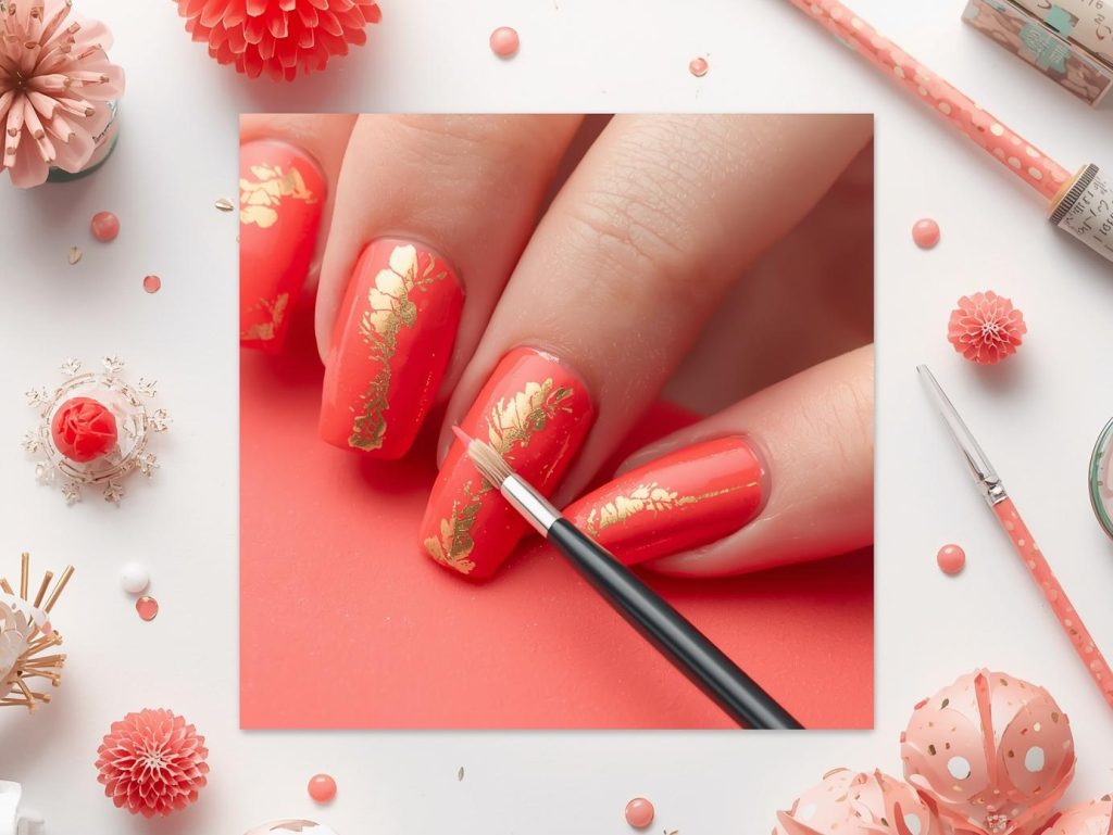  Vibrant coral gold abstract hand painted nail art with gold patterns.