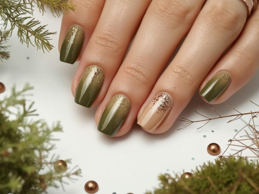 Olive Green Nail Designs: Earthy and Pinterest-Worthy Manicures to Adore 8 Creating olive green ombre nail art with bronze glitter speckles.
