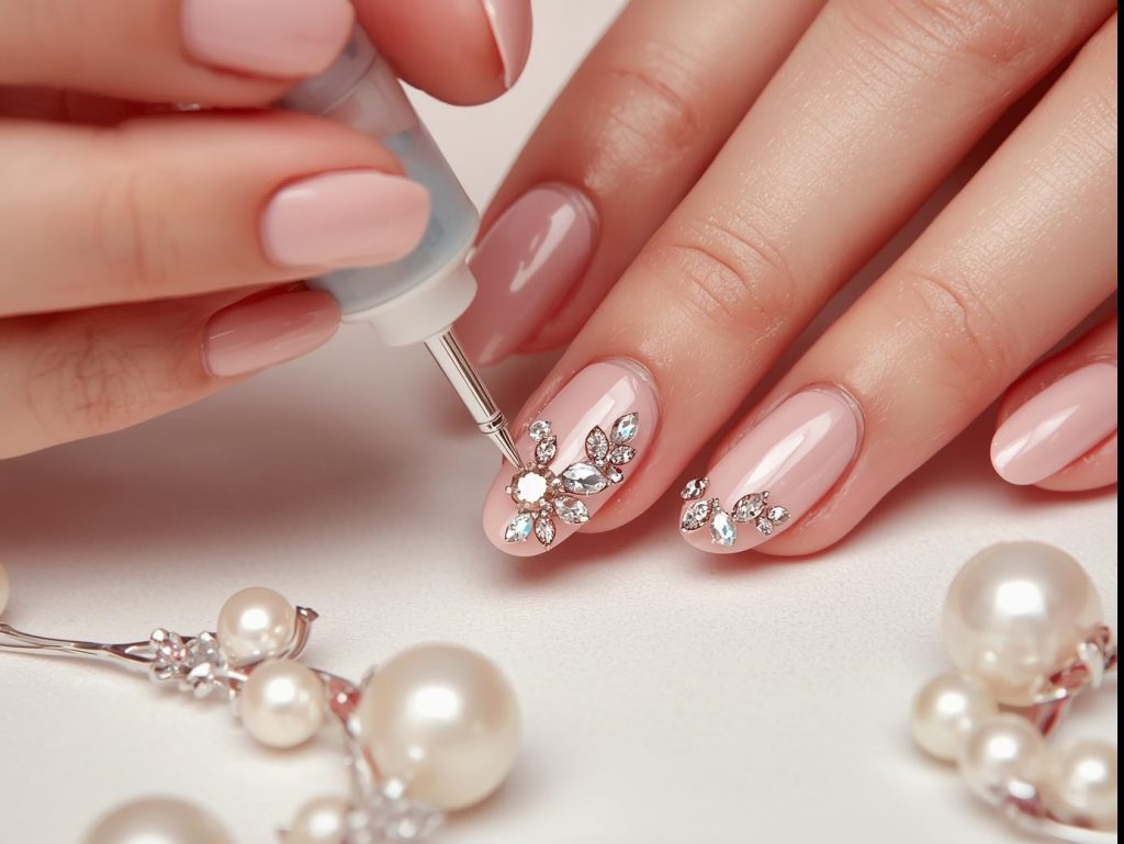 Creating sparkling crystal embellishment 3D nails with pink polish and gems.
