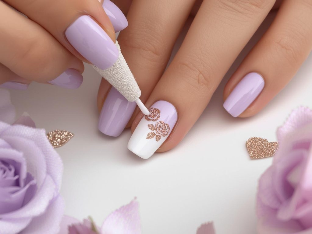 Mother's Day Nail Designs: Heartfelt and Pinterest-Worthy Manicures to Adore 8 Creating lavender ombre nail art with gold foil rose details.