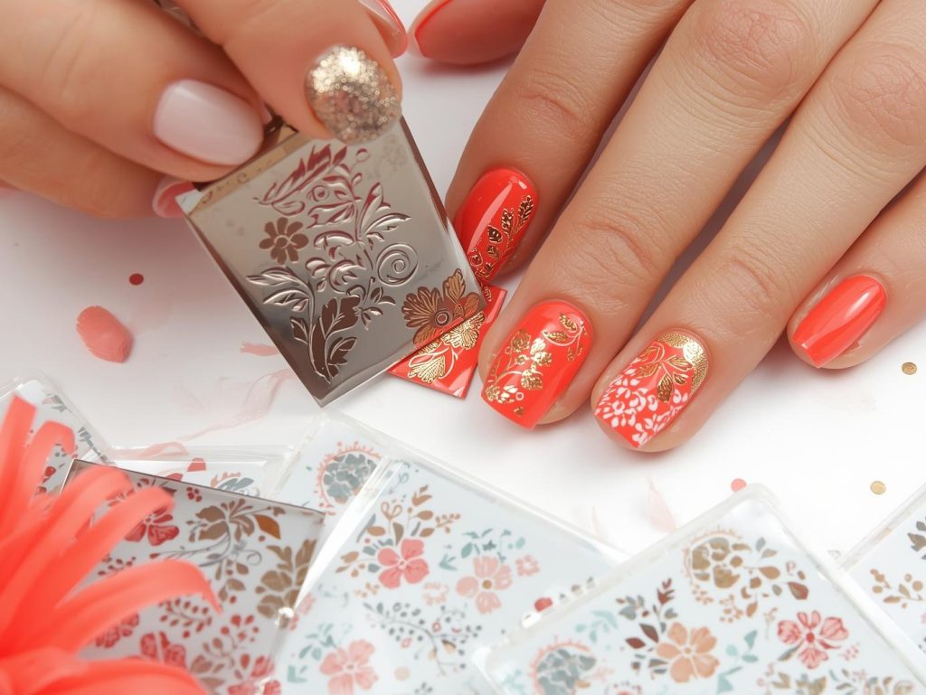Creating vibrant coral gold floral stamped nail art with gold floral stamps.