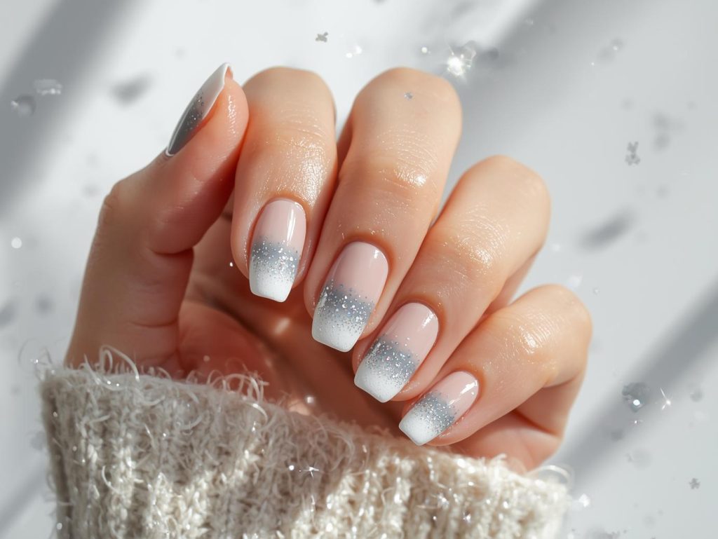 Creating grey ombre nail art with holographic glitter sparkles.