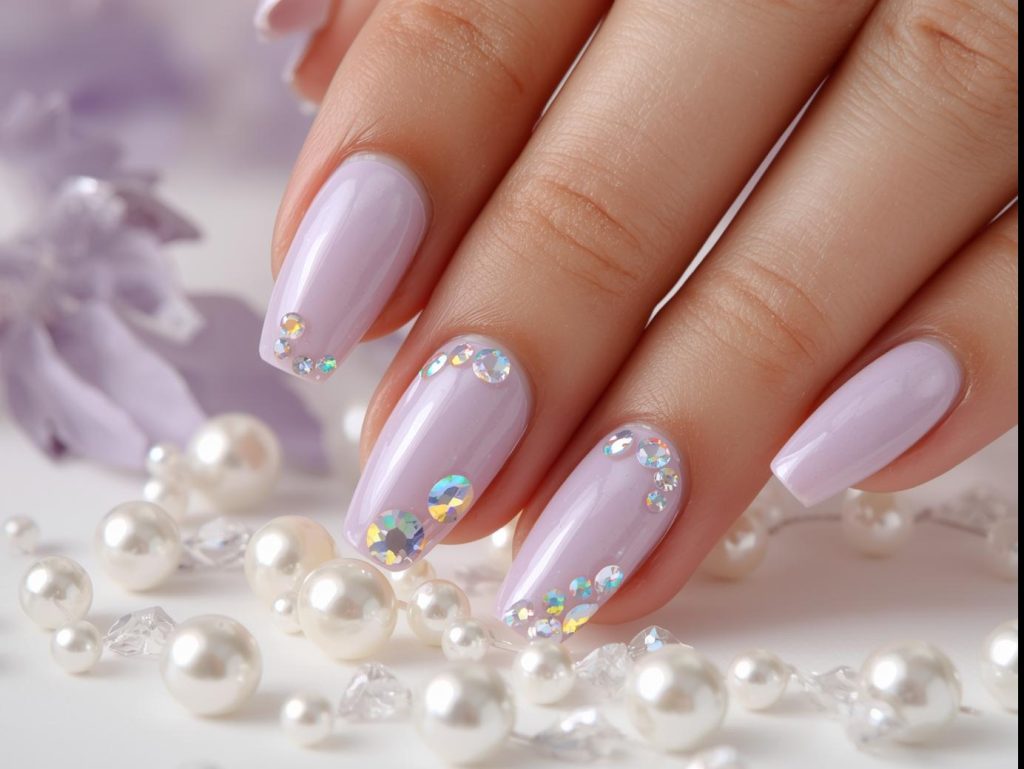 Creating iridescent opal rhinestone nail art with lavender polish and rhinestones.