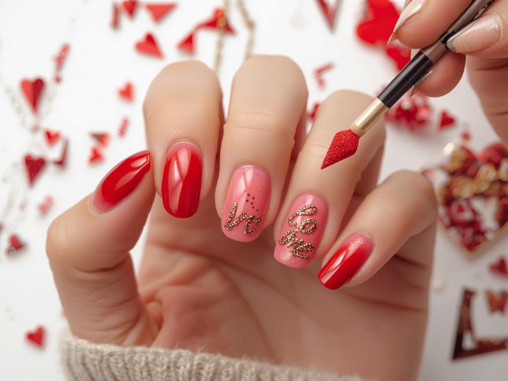 Creating red ombre nail art with gold glitter love letter details.